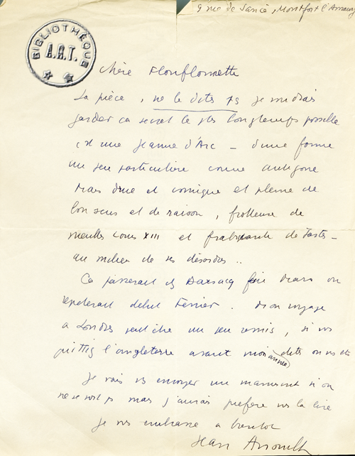 Lettre de Jean Anouilh à Suzanne Flon pour lui annoncer la création de L' Alouette