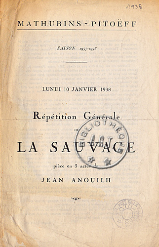Programme original de la Répétition Générale de La Sauvage de Jean Anouilh