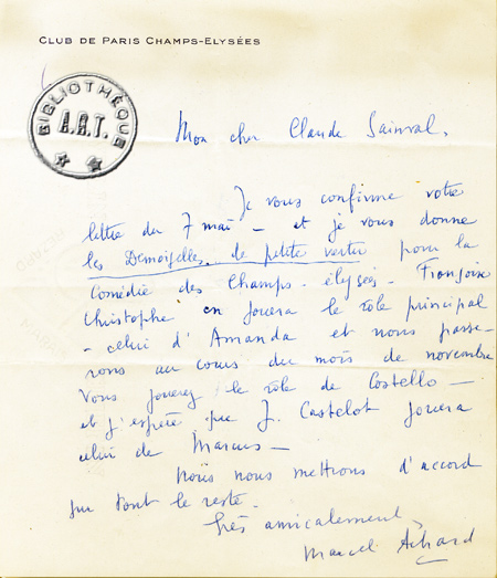lettre de Marcel Achard confirmant à Claude Sainval la création de la Demoiselle de petite vertu à la Comédie des Champs-Elysées