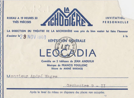 Invitation à la Répétition Générale de Léocadia de Jean Anouilh