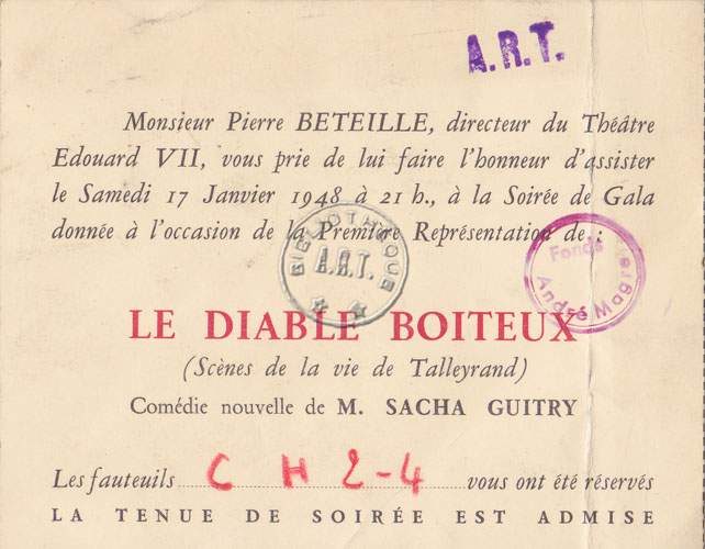 Invitation à la Première du Diable boiteux le 17 janvier 1948