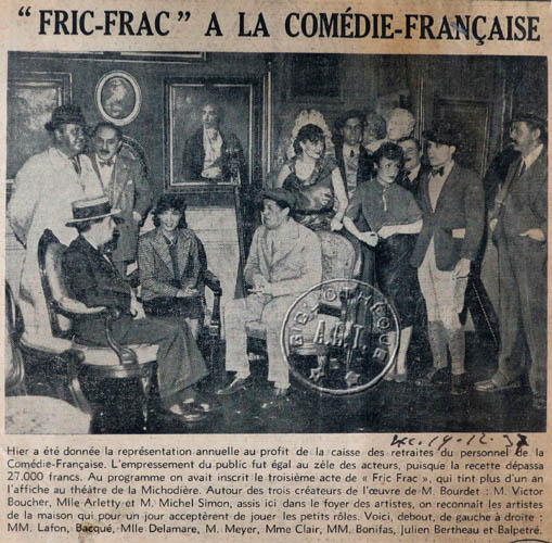 Représentation exceptionnel de Fric-Frac au profit de la caisse de retraites du personnel de la Comédie-Française en date du 19-12-1937